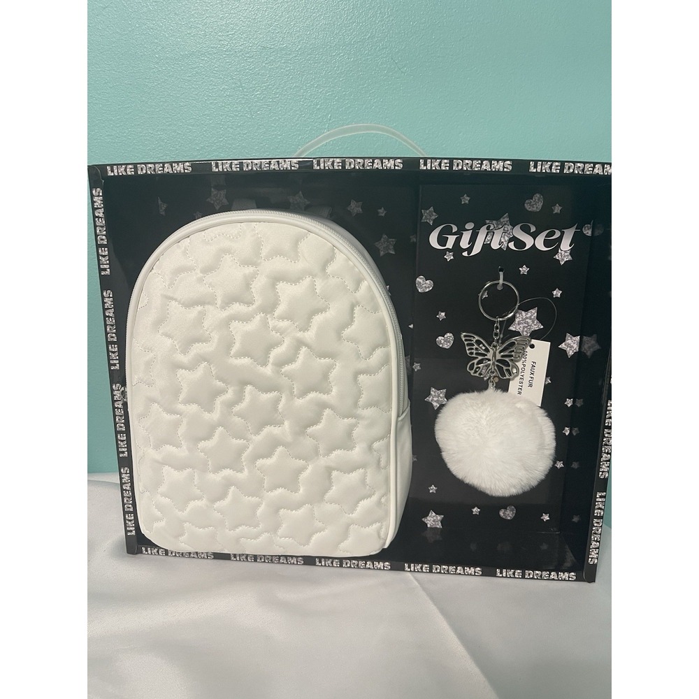 White Mini Backpack, Keychain Gift Set NEW